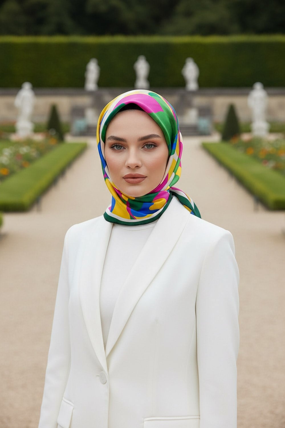 %100 Twill İpek Geometrik Desenli Zümrüt Yeşili - Fuşya Renkli 90x90 Eşarp Dikim Şekli : El Dikişi