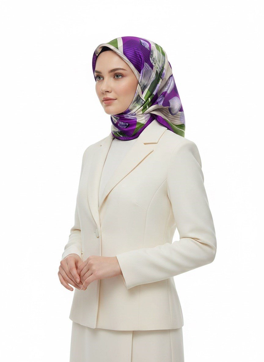 %100 Twill İpek Geometrik Desenli Mor - Haki Renkli 90x90 Eşarp Dikim Şekli : El Dikişi