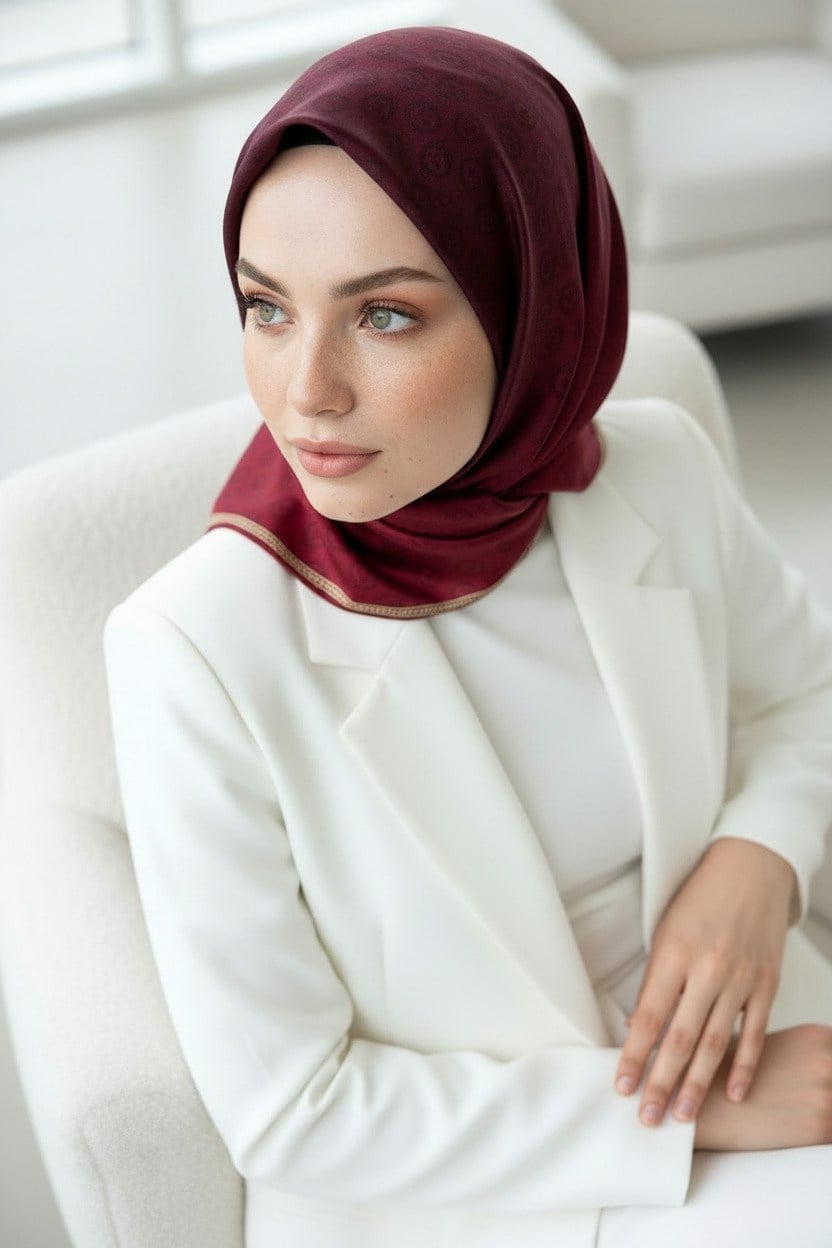 %100 Twill İpek Monogram Desenli Bordo Renkli 90x90 Eşarp Dikim Şekli : El Dikişi