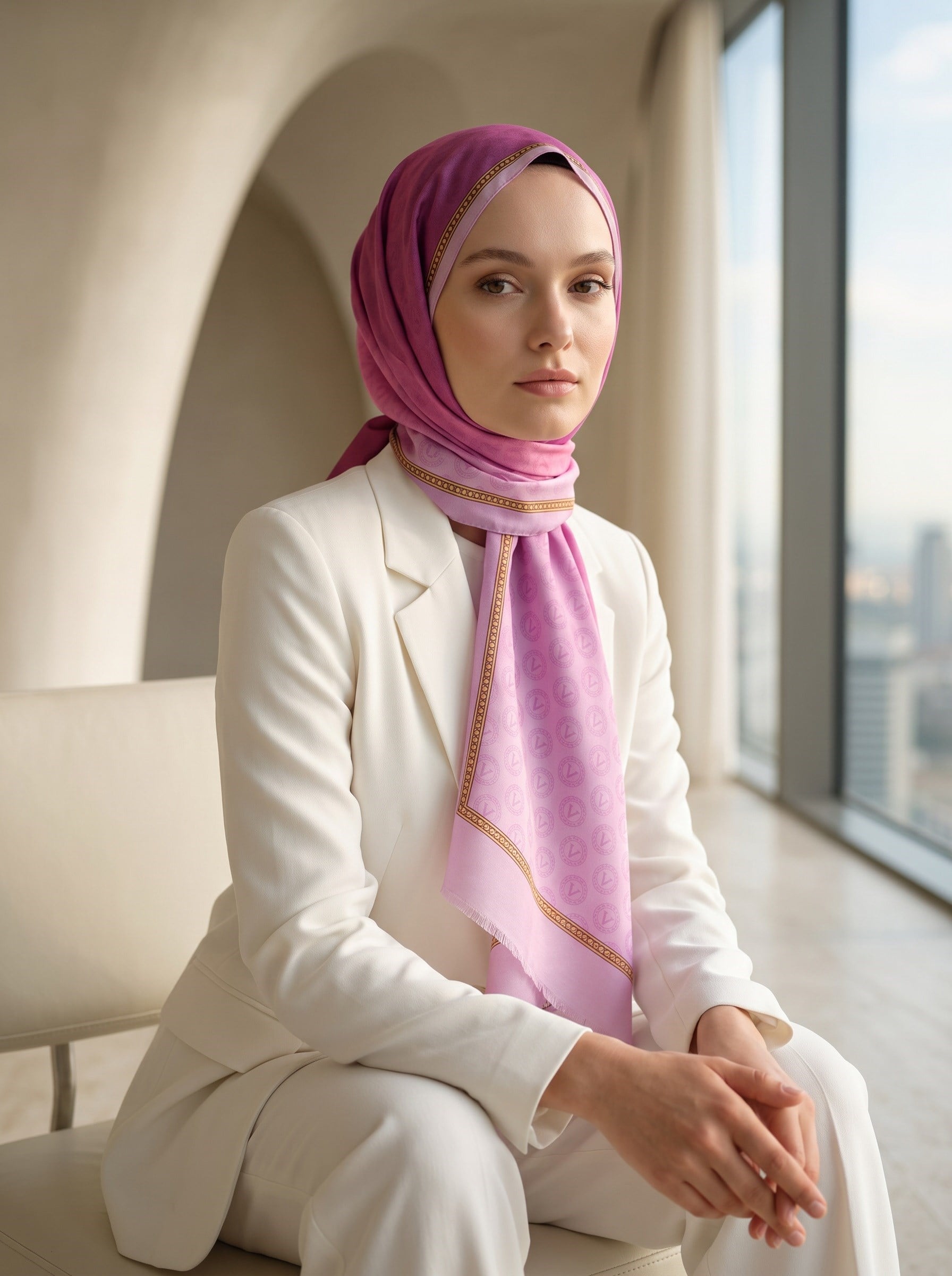 %100 Saf İpek Şal İnce Saten Vual Dokuma Degradeli Ve Monogram Desenli Pembe - Gold Renkli 90x210 Şal