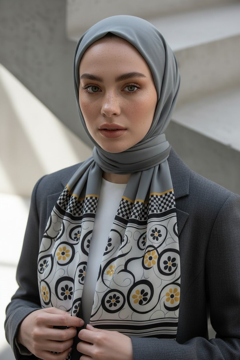 KREP KENAR MOTİFİ ÇİÇEK DESENLİ GÜMÜŞ RENKLİ 75X195 KIRIŞMAZ ŞAL