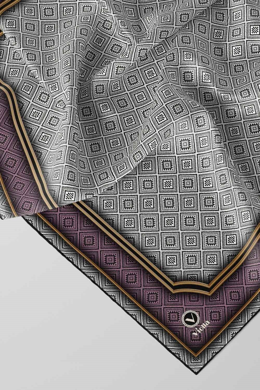 Twill Geometrik Çıtır Desenli Lila Renkli 90x90 Eşarp (İpek İçermez) Kenar Dikiş Şekli El Dikişli