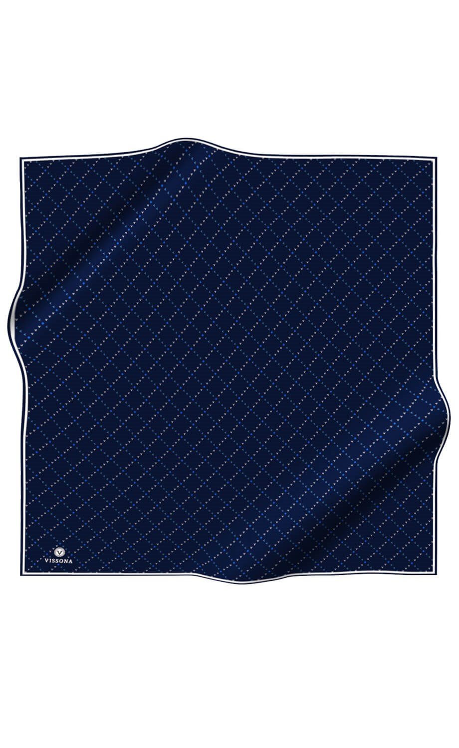 %100 Twill İpek Minik V Desenli Lacivert Renkli 90x90 Eşarp Dikim Şekli : El Dikişi