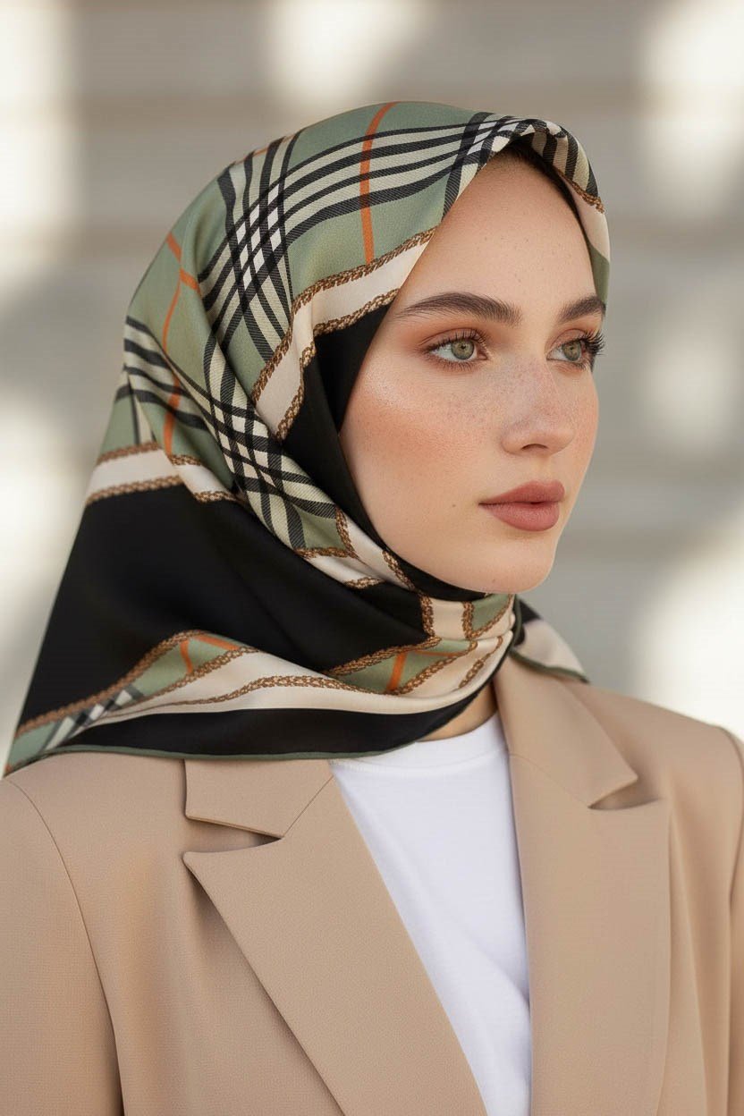 %100 Twill İpek Ekose Desenli Çağla Yeşili Renkli 90x90 Eşarp Dikim Şekli : El Dikişi