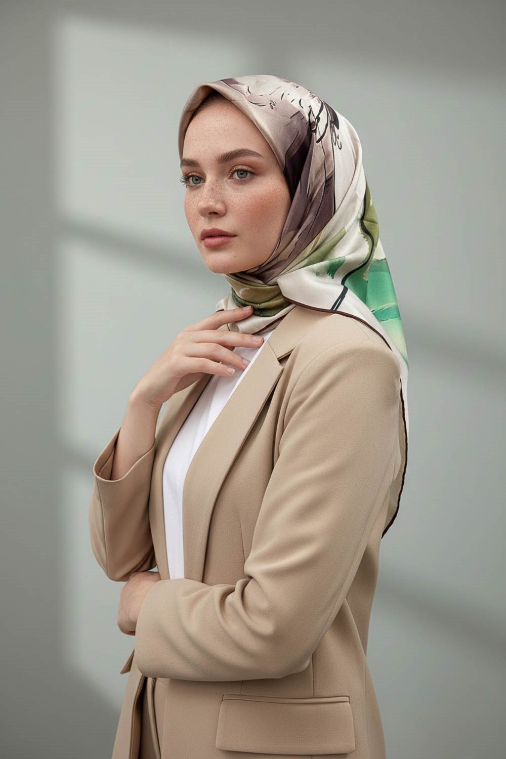 %100 Twill İpek Sulu Boya Çiçek Desenli Vizon Renkli 90x90 Eşarp Dikim Şekli : El Dikişi