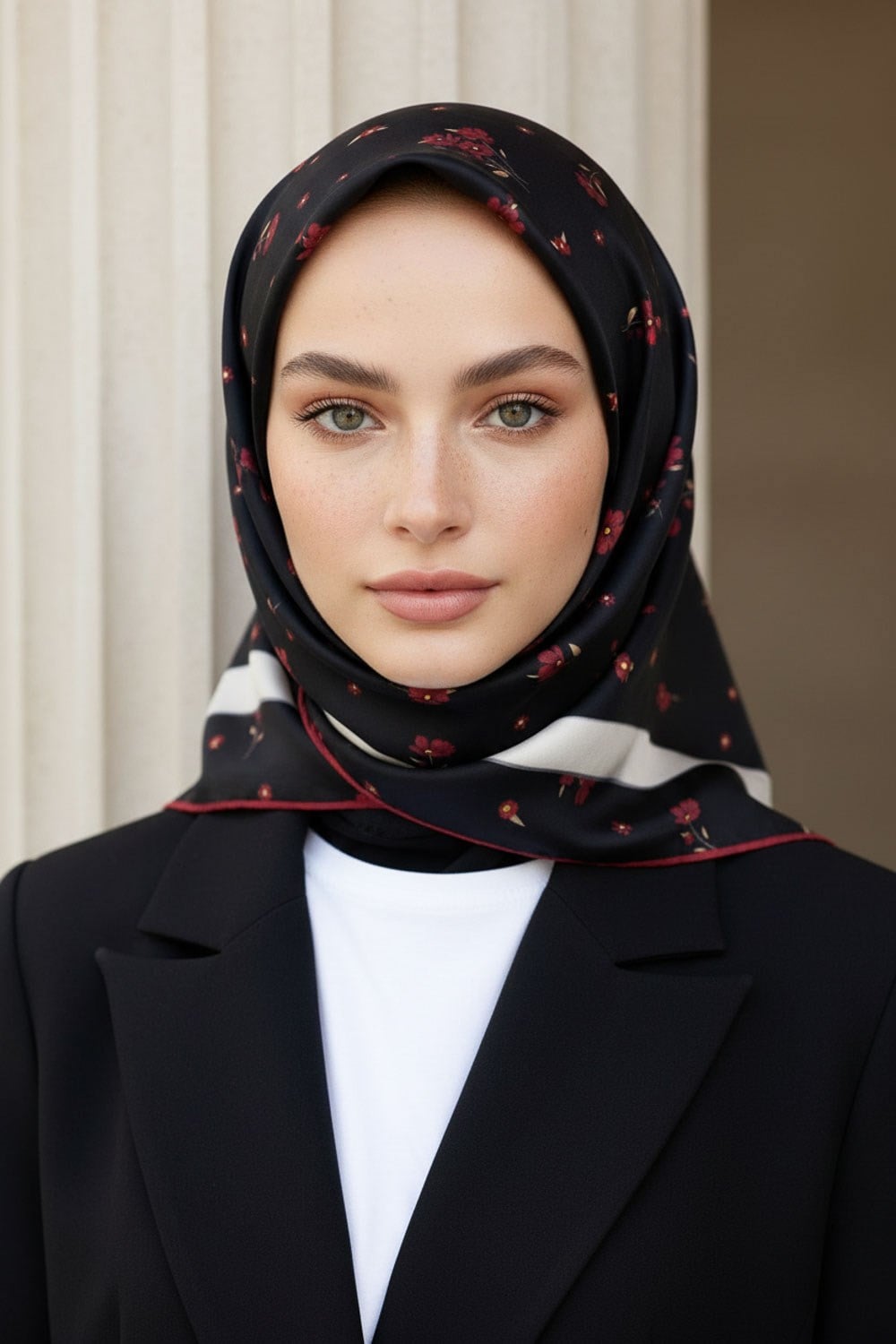 % 57 İPEK % 43 VİSKON Twill İpek Çıtır Çiçek Desenli Siyah - Bordo Renkli 90x90 Eşarp Dikim Şekli : El Dikişi