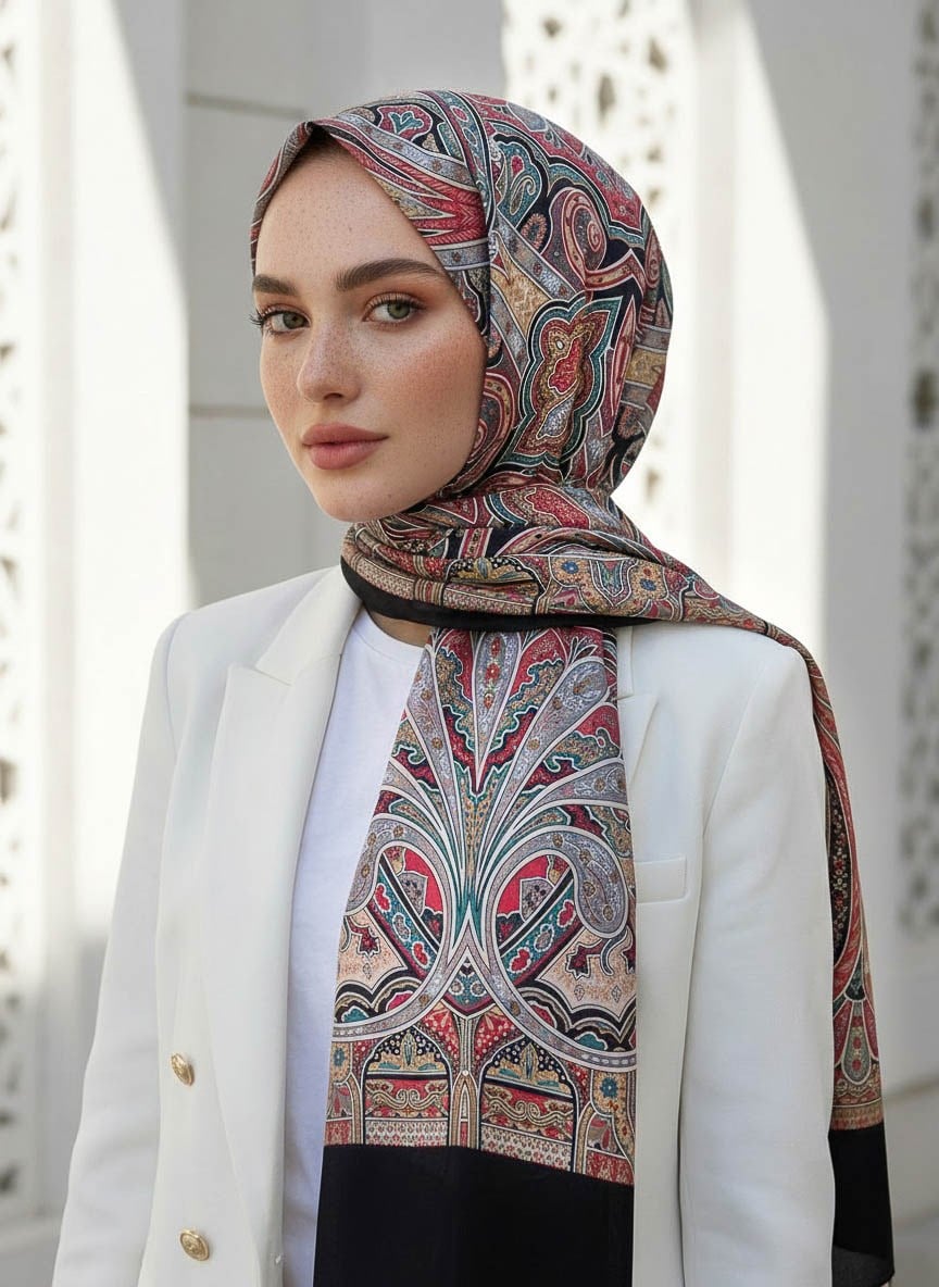 %100 Saf İpek Şal İnce Saten Vual Dokuma Etnik Desenli Siyah - Bordo Renkli 90x210 Şal