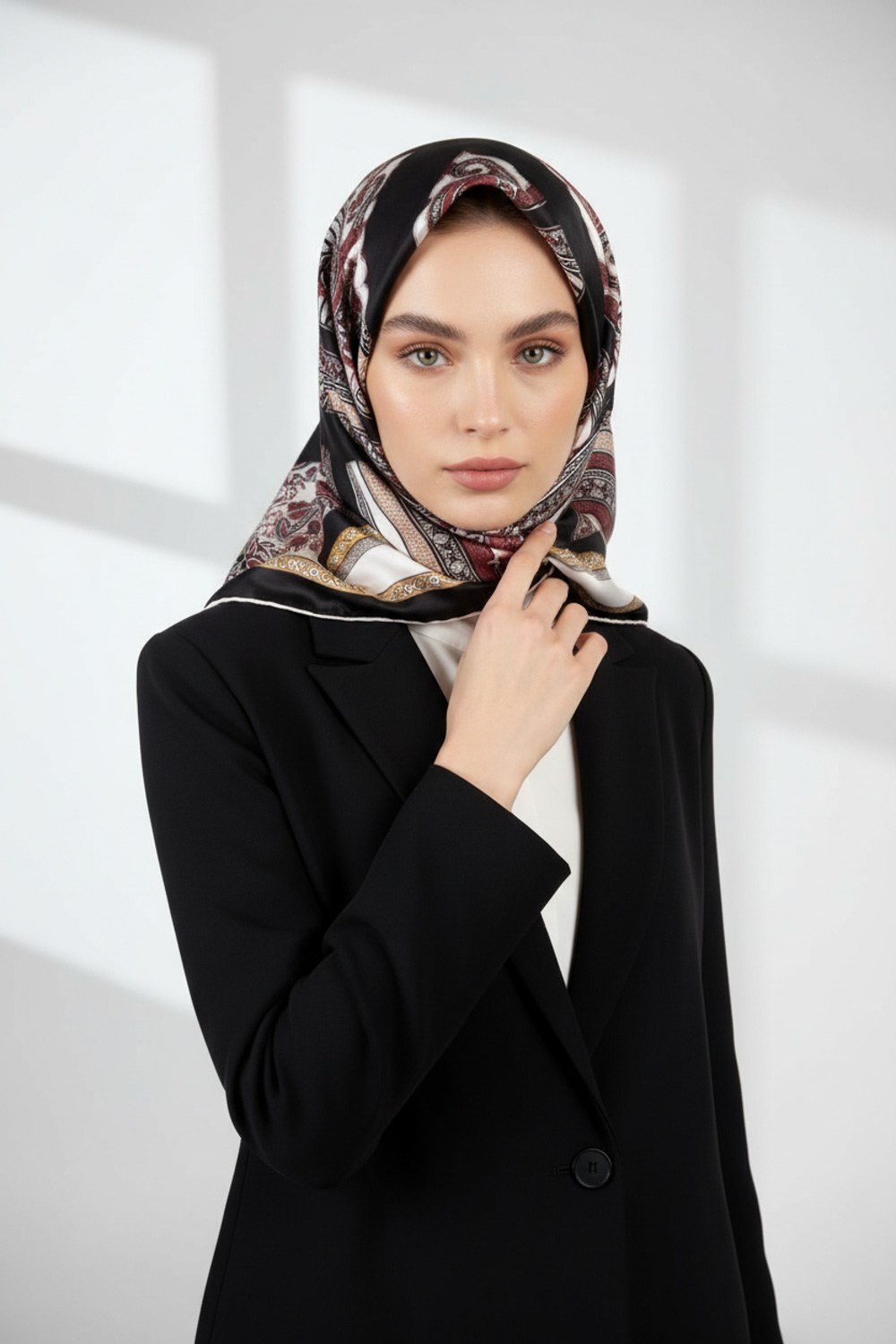 Twill Şal Desenli Siyah Renkli 90x90 Eşarp (İpek İçermez) Kenar Dikiş Şekli El Dikişli