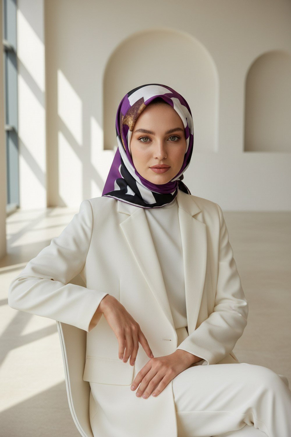 %100 Twill İpek Karo Desenli Mürdüm - Siyah Renkli 90x90 Eşarp Dikim Şekli : El Dikişi