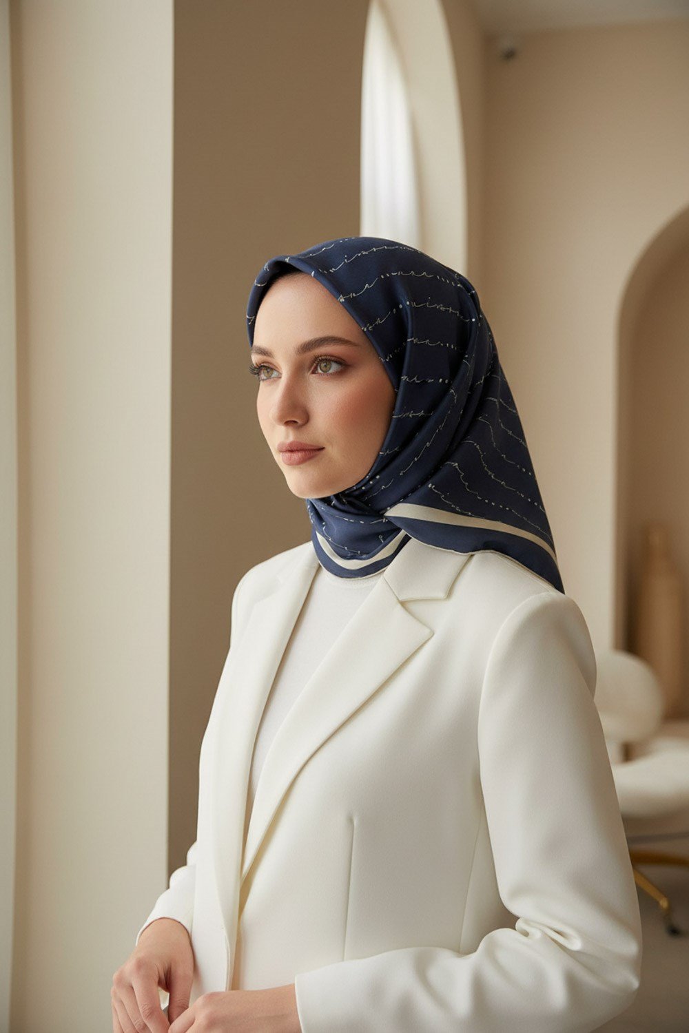 %100 Twill İpek Eşarp 90x90 El Yazısı Vissona Desenli El Dikişli Kadın Eşarp