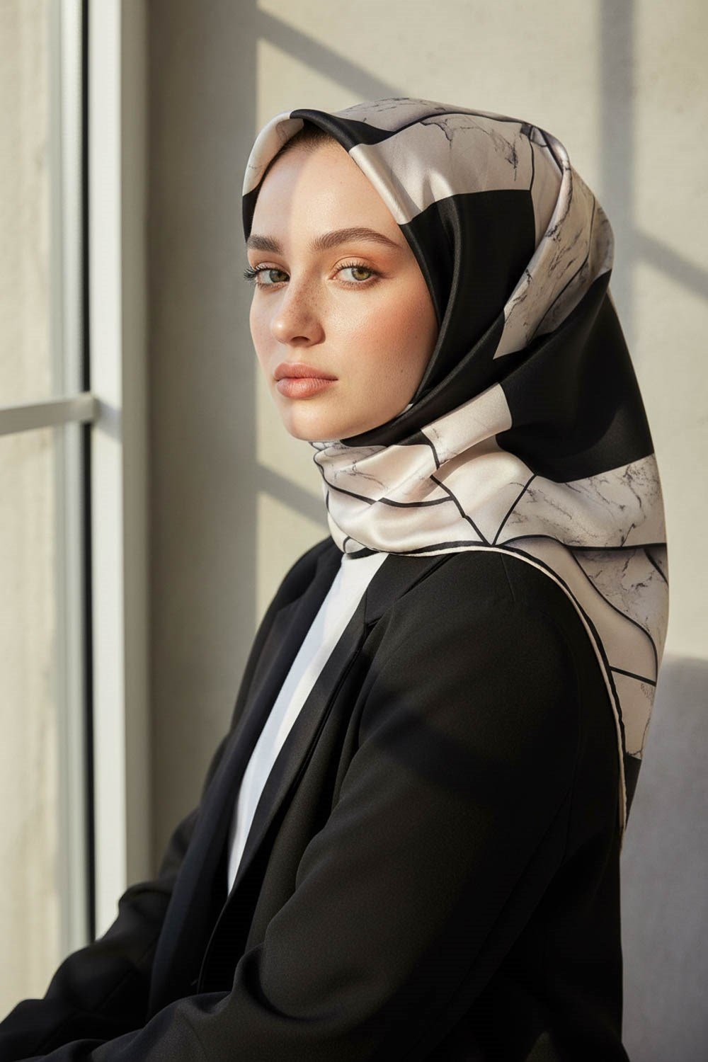 %100 Twill İpek Mermer Desenli Siyah - Krem Renkli 90x90 Eşarp Dikim Şekli : El Dikişi