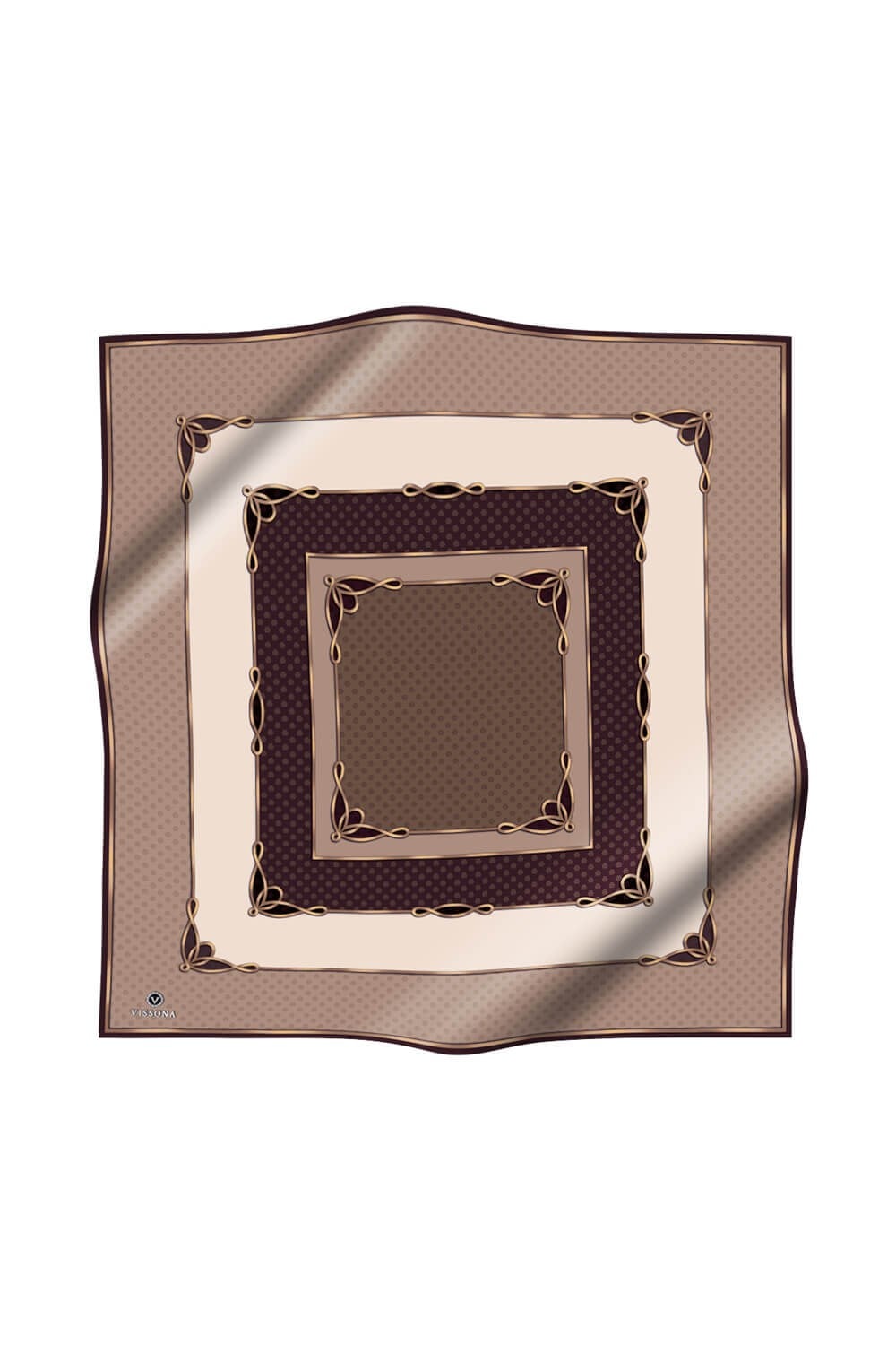 %100 Twill İpek Puantiyeli ve Geometrik Desenli Bej - Kahverengi Renkli 90x90 Eşarp Dikim Şekli : El Dikişi