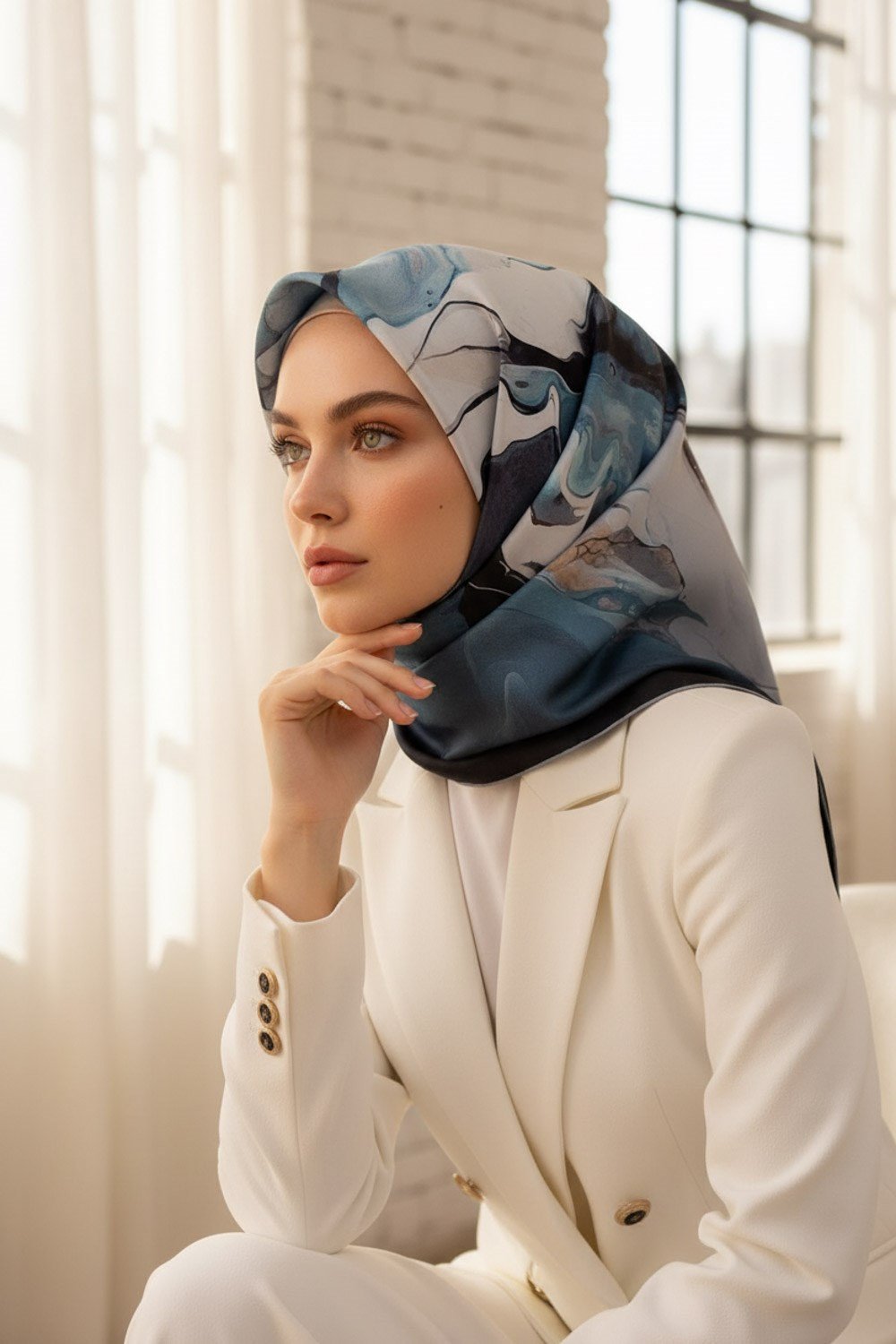 %100 Twill İpek Batik Çiçek Desenli Turkuaz - Gri Renkli 90x90 Eşarp Dikim Şekli : El Dikişi