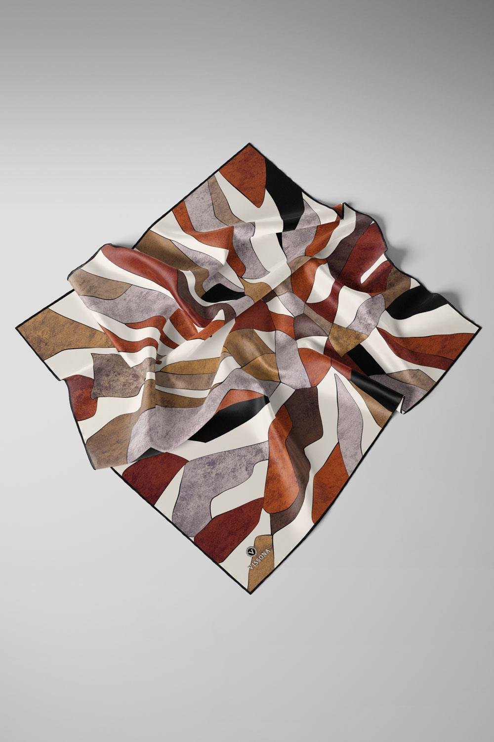 %100 Twill İpek Geometrik Desenli Bej - Taba Renkli 90x90 Eşarp Dikim Şekli : El Dikişi