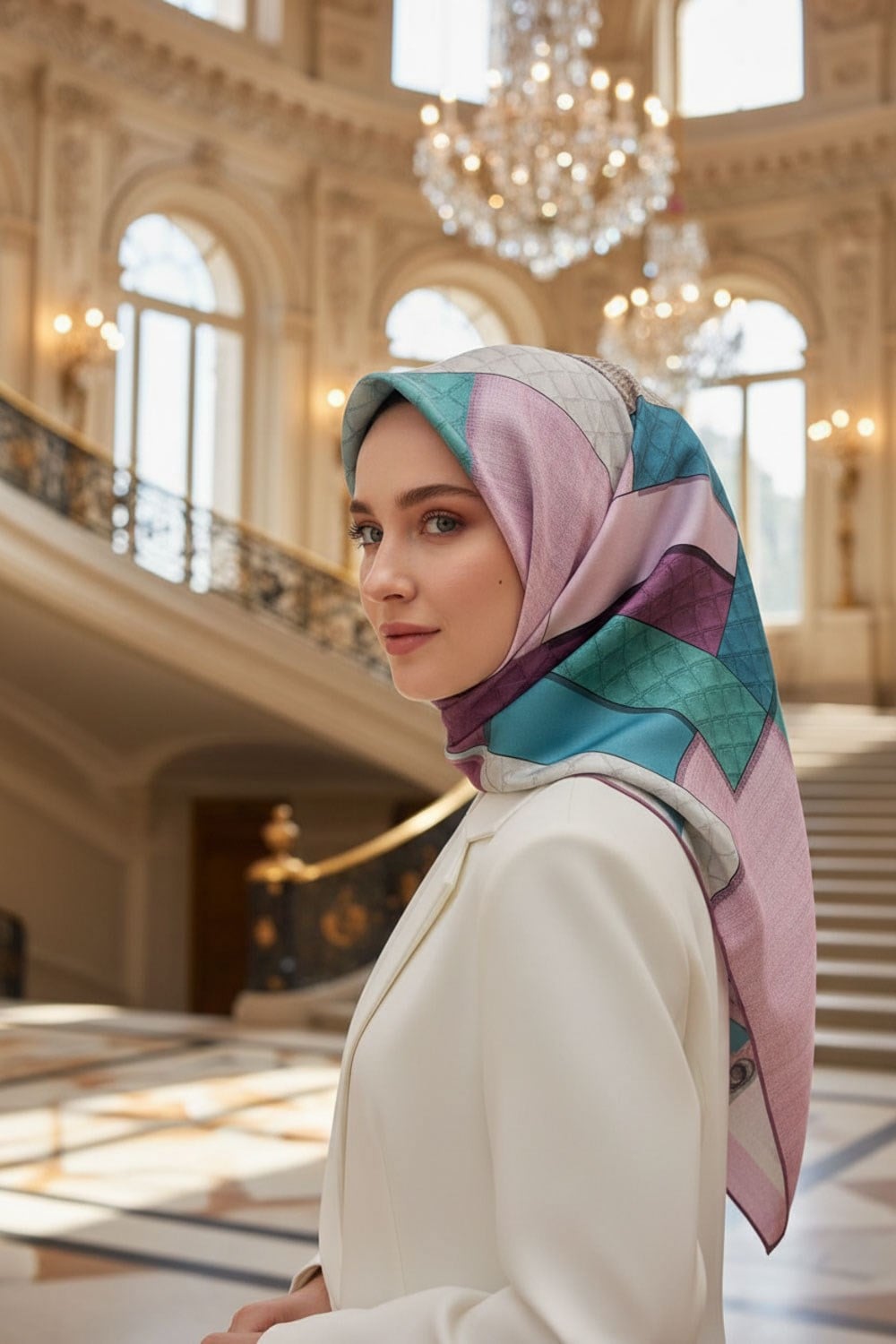 %100 Twill İpek Kazayaklı Ve Geometrik Desenli Pembe - Su Yeşili Renkli 90x90 Eşarp Dikim Şekli : El Dikişi