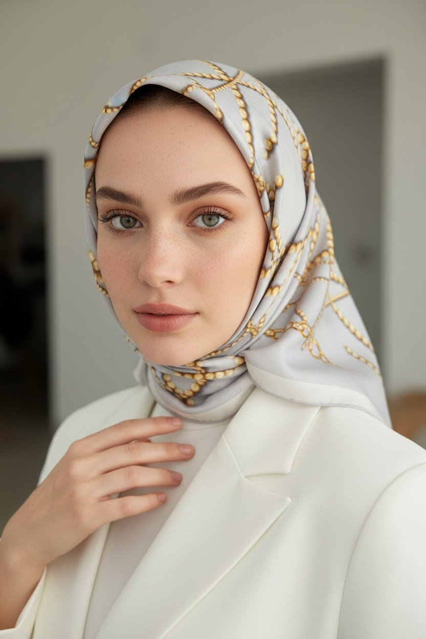 %100 Twill İpek İnci Desenli Gümüş Renkli 90x90 Eşarp Kenar Dikiş Şekli : El Dikişli