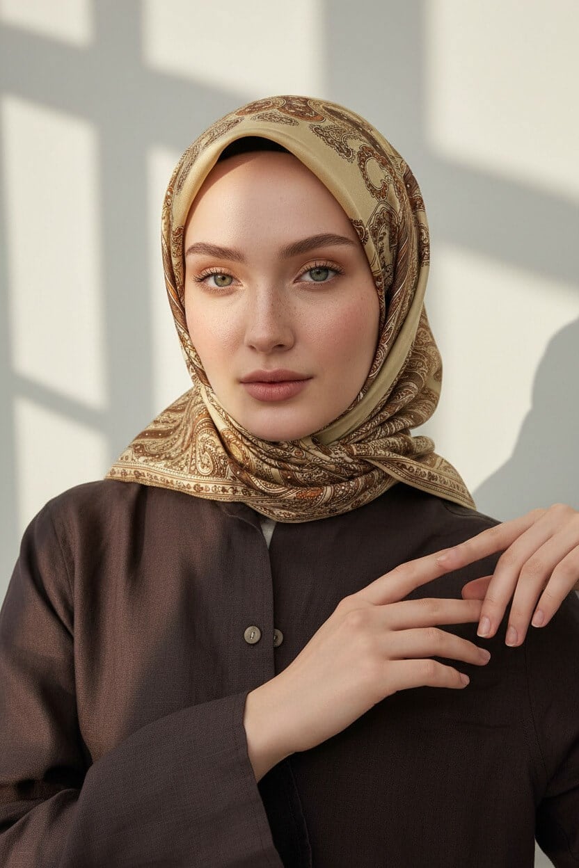 %100 Twill İpek Şal Desenli Bej - Kahverengi Renkli 90x90 Eşarp Dikim Şekli : El Dikişi