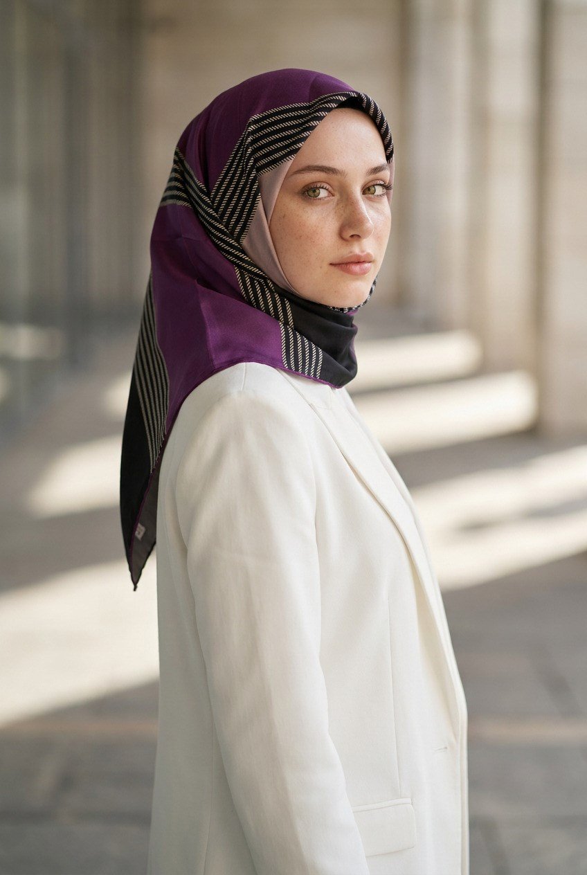 %100 Twill İpek Geometrik Desenli Mürdüm Renkli 90x90 Eşarp Dikim Şekli : El Dikişi