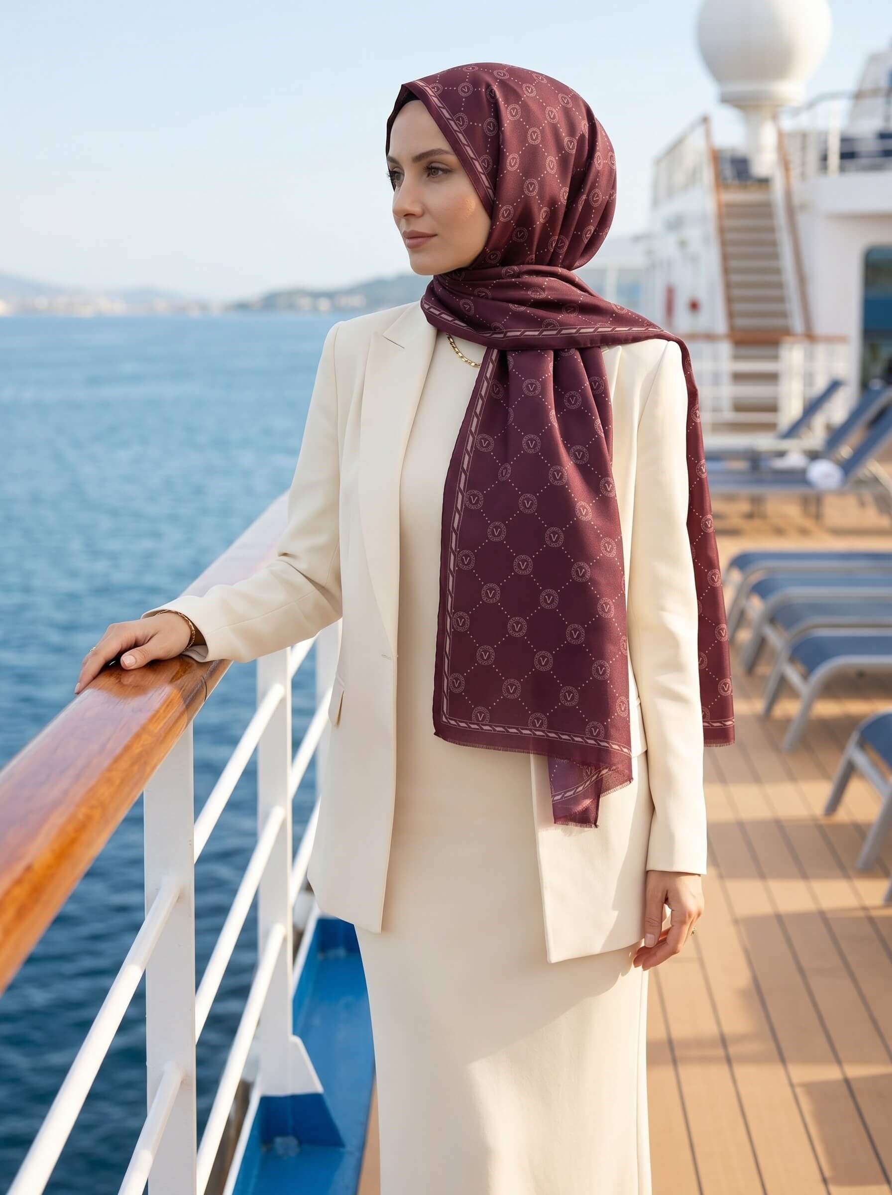 %100 Saf İpek Şal İnce Saten Vual Dokuma V Logo Desenli Bordo 2 Renkli 90x210 Şal