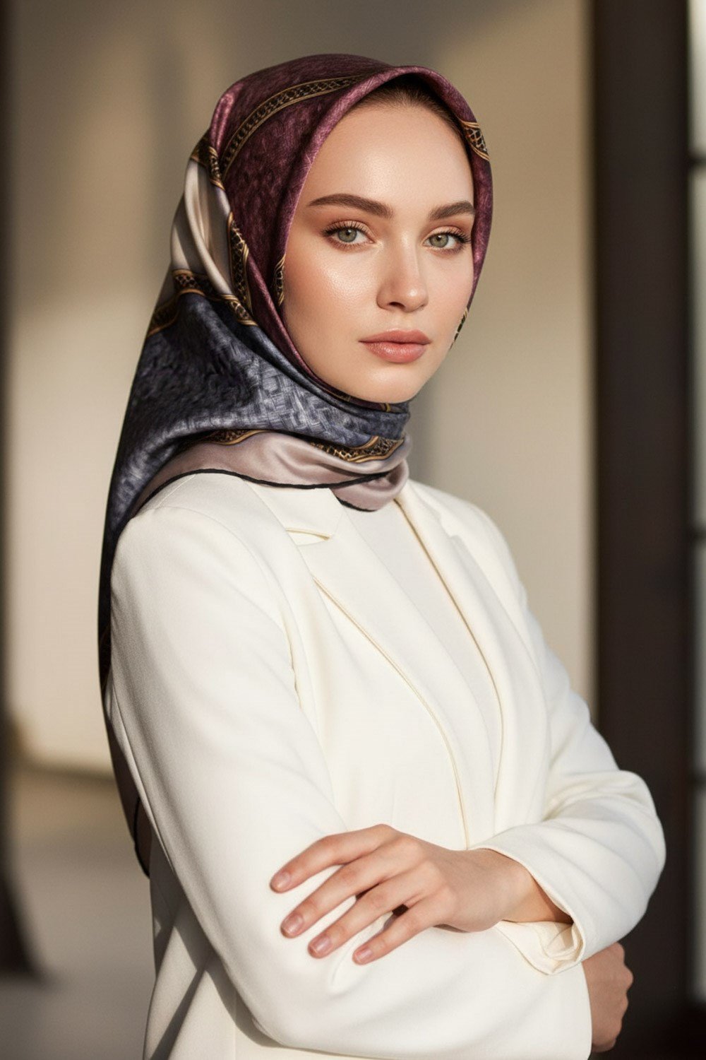%100 Twill İpek Dokulu Ve Şerit Desenli Gri - Pudra Renkli 90x90 Eşarp Dikim Şekli : El Dikişi