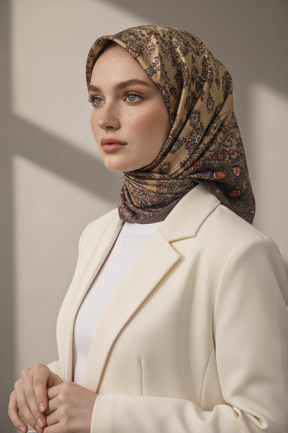 %100 Twill İpek Şal Desenli Kahverengi Renkli 90x90 Eşarp Dikim Şekli : El Dikişi