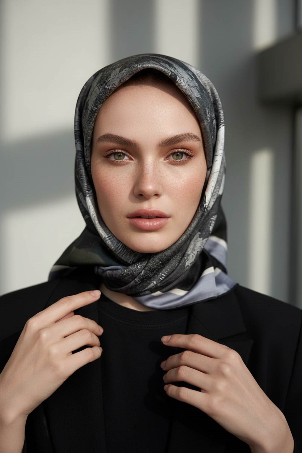 %100 Twill İpek Yağlı Boya Çiçek Desenli Gri Renkli 90x90 Eşarp Dikim Şekli : El Dikişi
