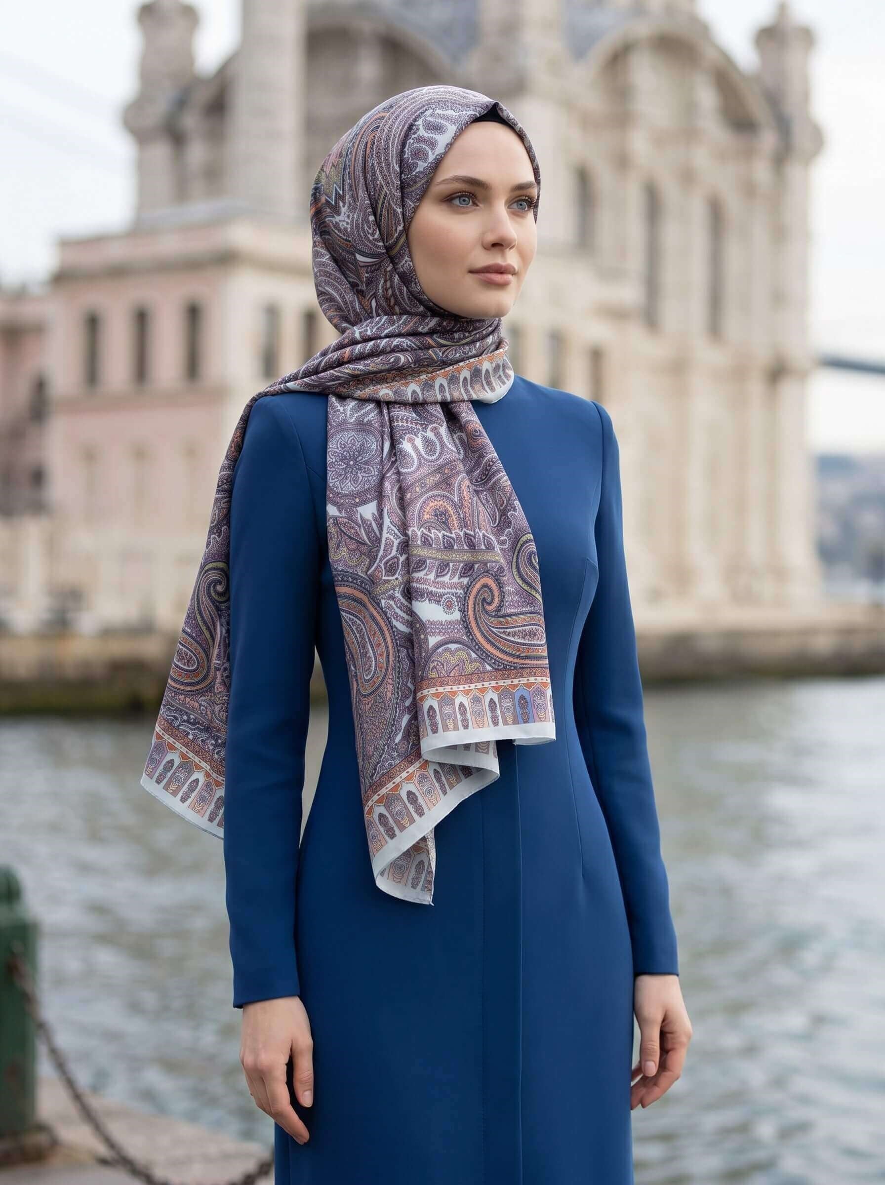 %100 Saf İpek Şal İnce Saten Vual Dokuma Etro Desenli Bebe Mavisi - Taba Renkli 90x210 Şal