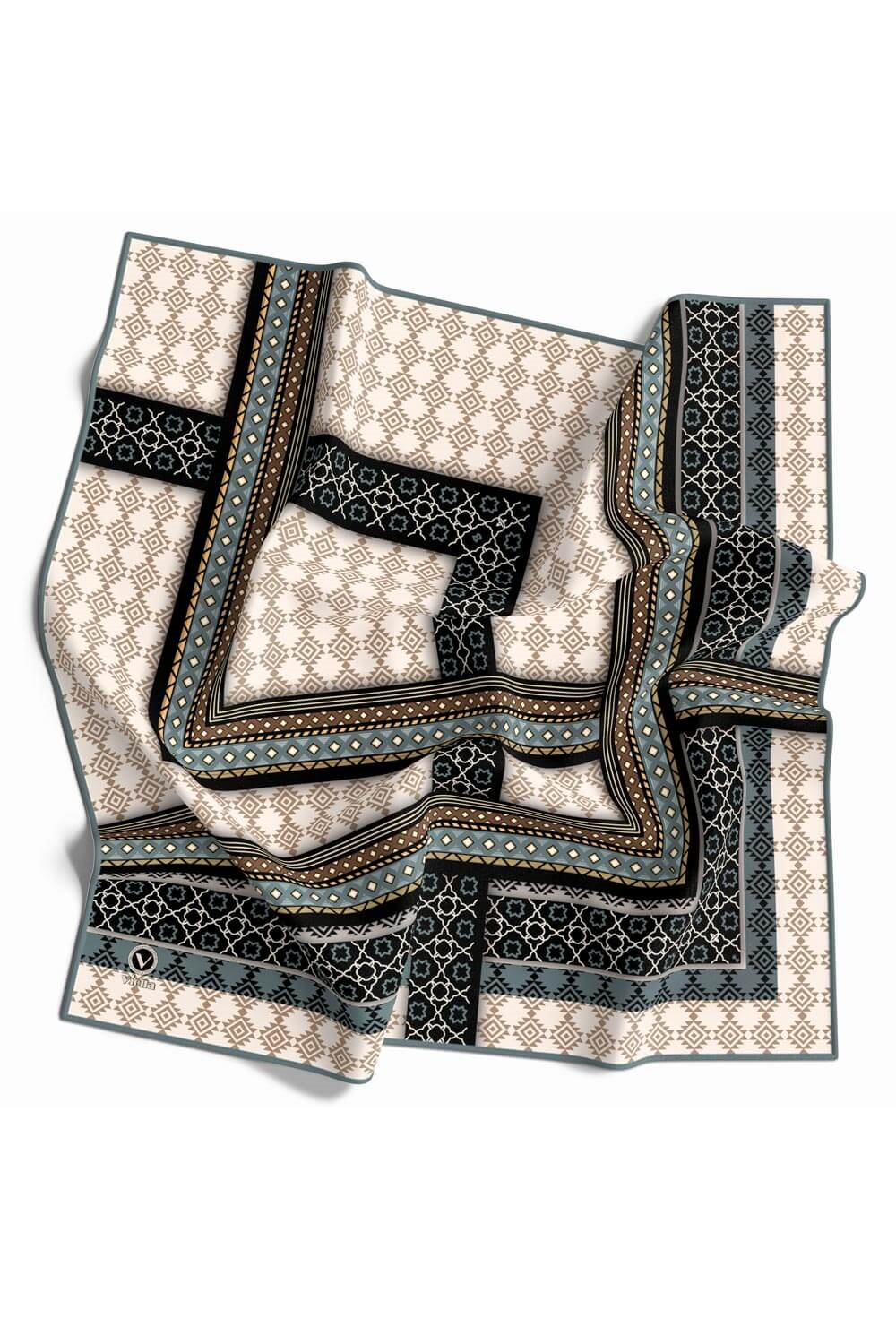 Twill Etnik Desenli Koyu Mint Yeşili Renkli 90x90 Eşarp (İpek İçermez) Kenar Dikiş Şekli El Dikişli