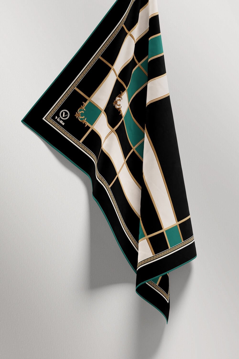 Twill Gold Detaylı Kareli Desenli Petrol Yeşili Renkli 90x90 Eşarp (İpek İçermez) Kenar Dikiş Şekli El Dikişli