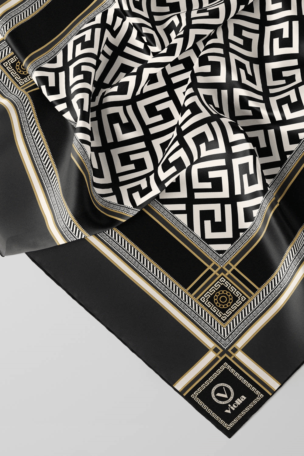 Twill Antik Desenli Füme Renkli 90x90 Eşarp (İpek İçermez) Kenar Dikiş Şekli El Dikişli