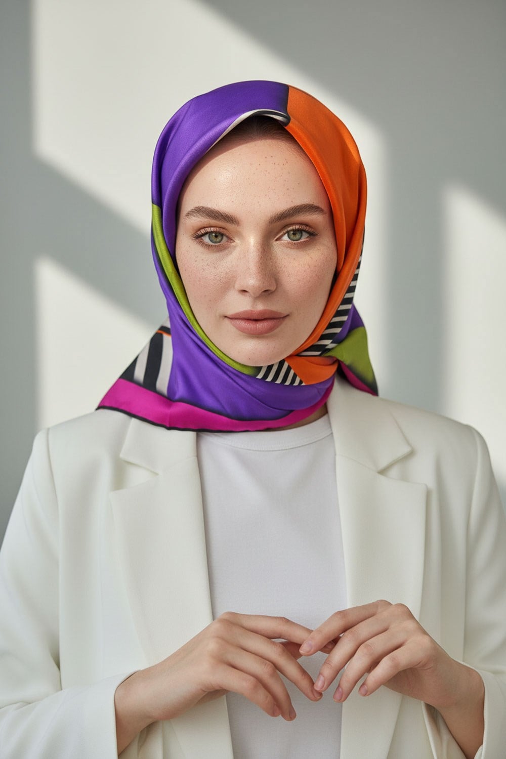 %100 Twill İpek Çizgili ve Geometrik Desenli Fuşya - Turuncu Renkli 90x90 Eşarp Dikim Şekli : El Dikişi