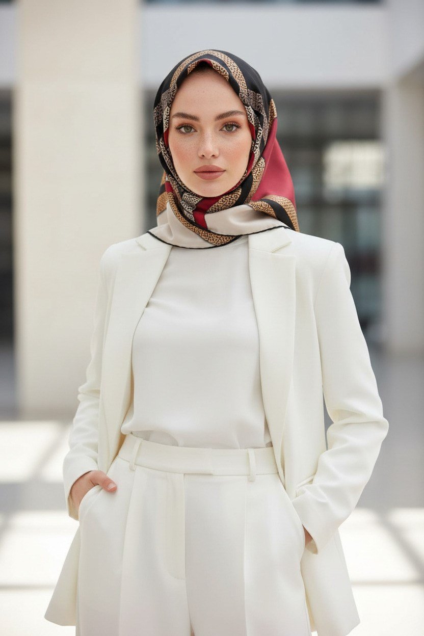 %100 Twill İpek Geometrik Desenli Siyah - Bordo Renkli 90x90 Eşarp Dikim Şekli : El Dikişi