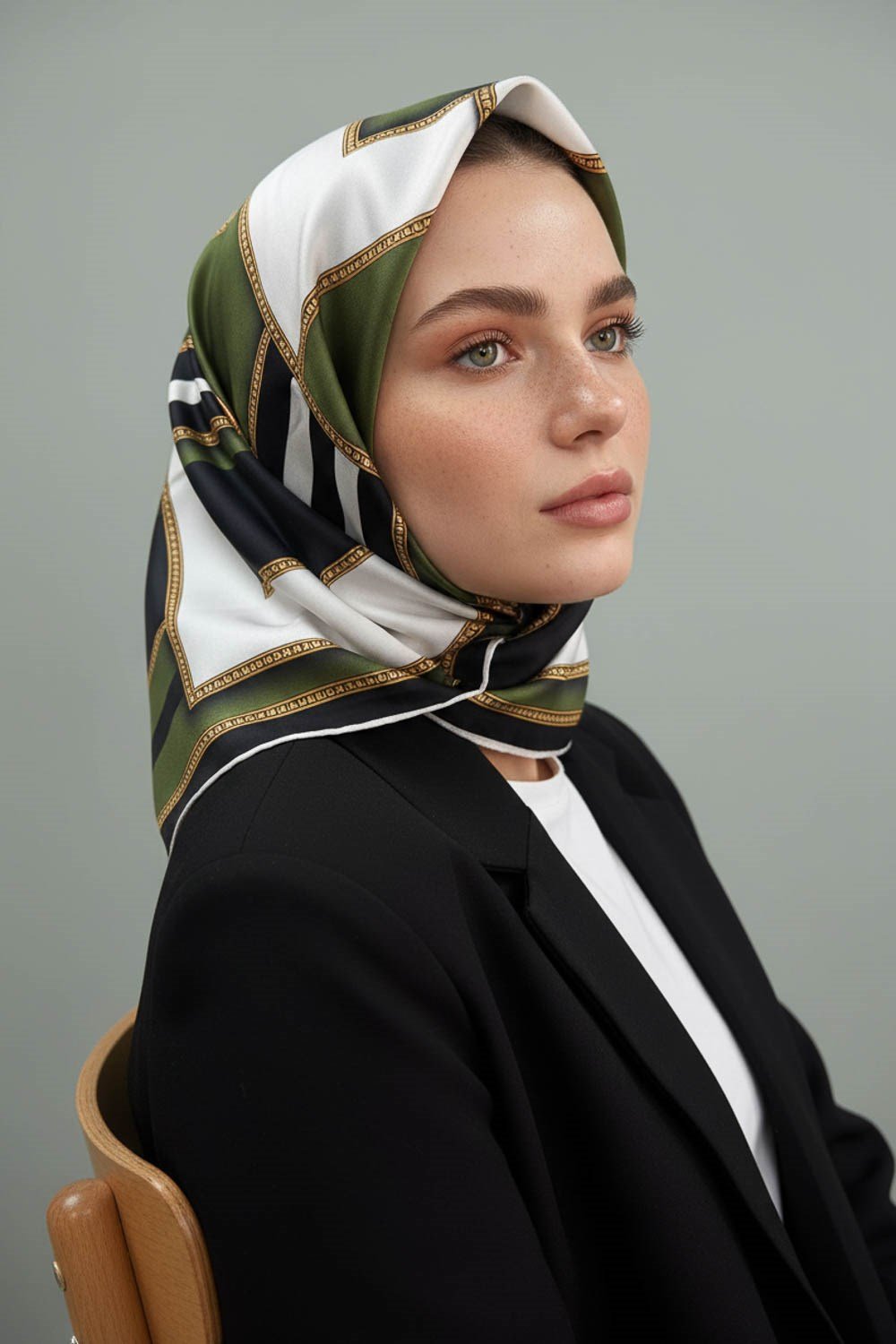 %100 Twill İpek Geometrik Desenli Siyah - Haki Renkli 90x90 Eşarp Dikim Şekli : El Dikişi