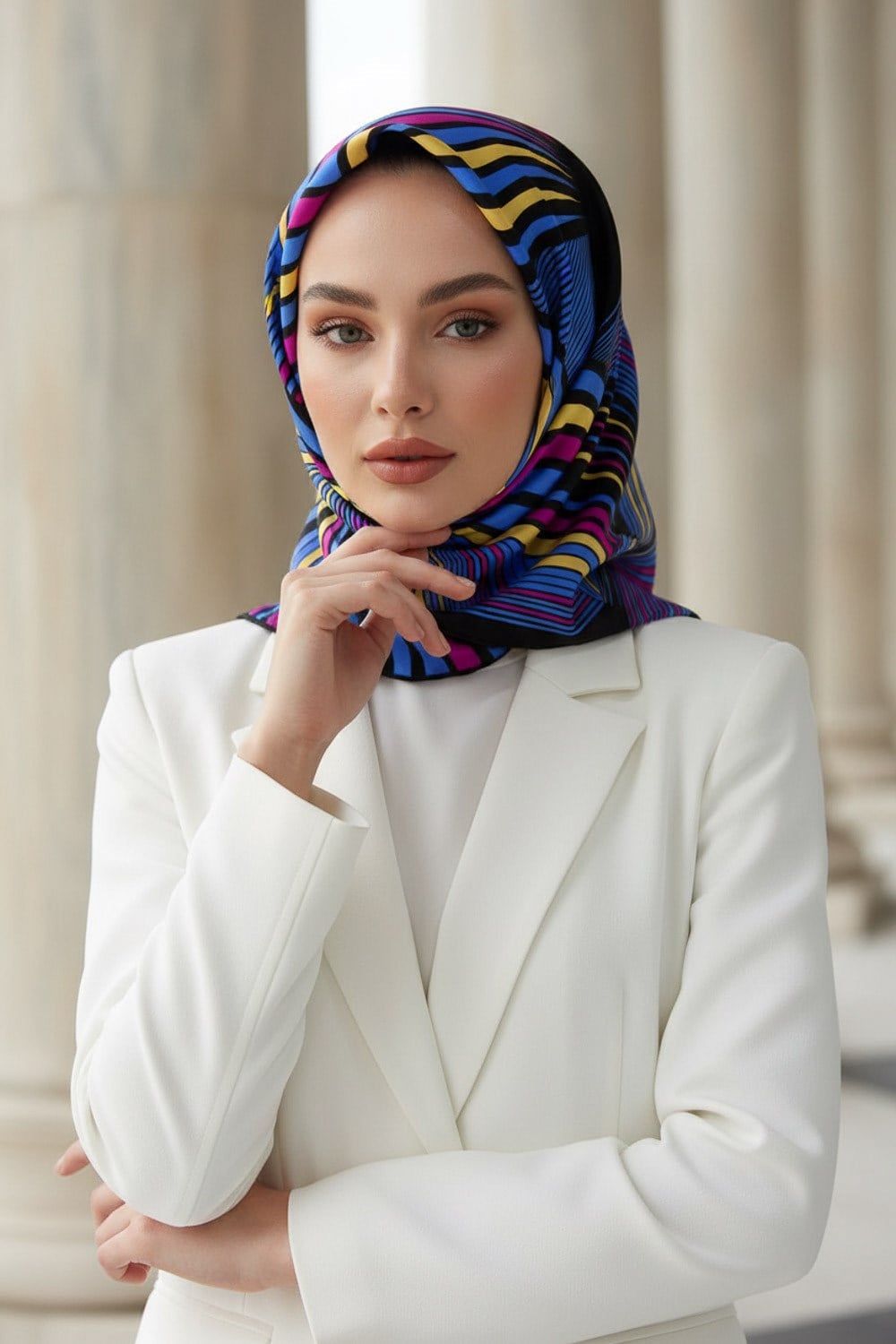 %100 Twill İpek Okyanus Dalgası Desenli İndigo - Fuşya Renkli 90x90 Eşarp Kenar Dikiş Şekli El Dikişli