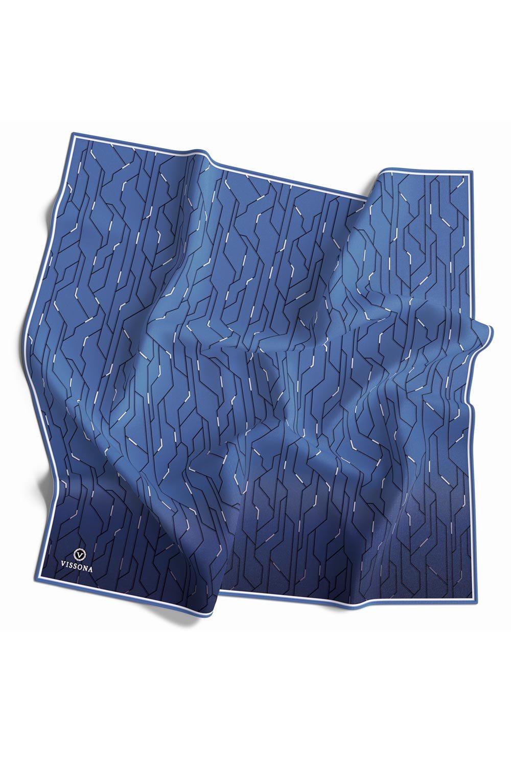 %100 Twill İpek Geometrik Desenli İndigo Renkli 90x90 Eşarp Dikim Şekli : El Dikişi
