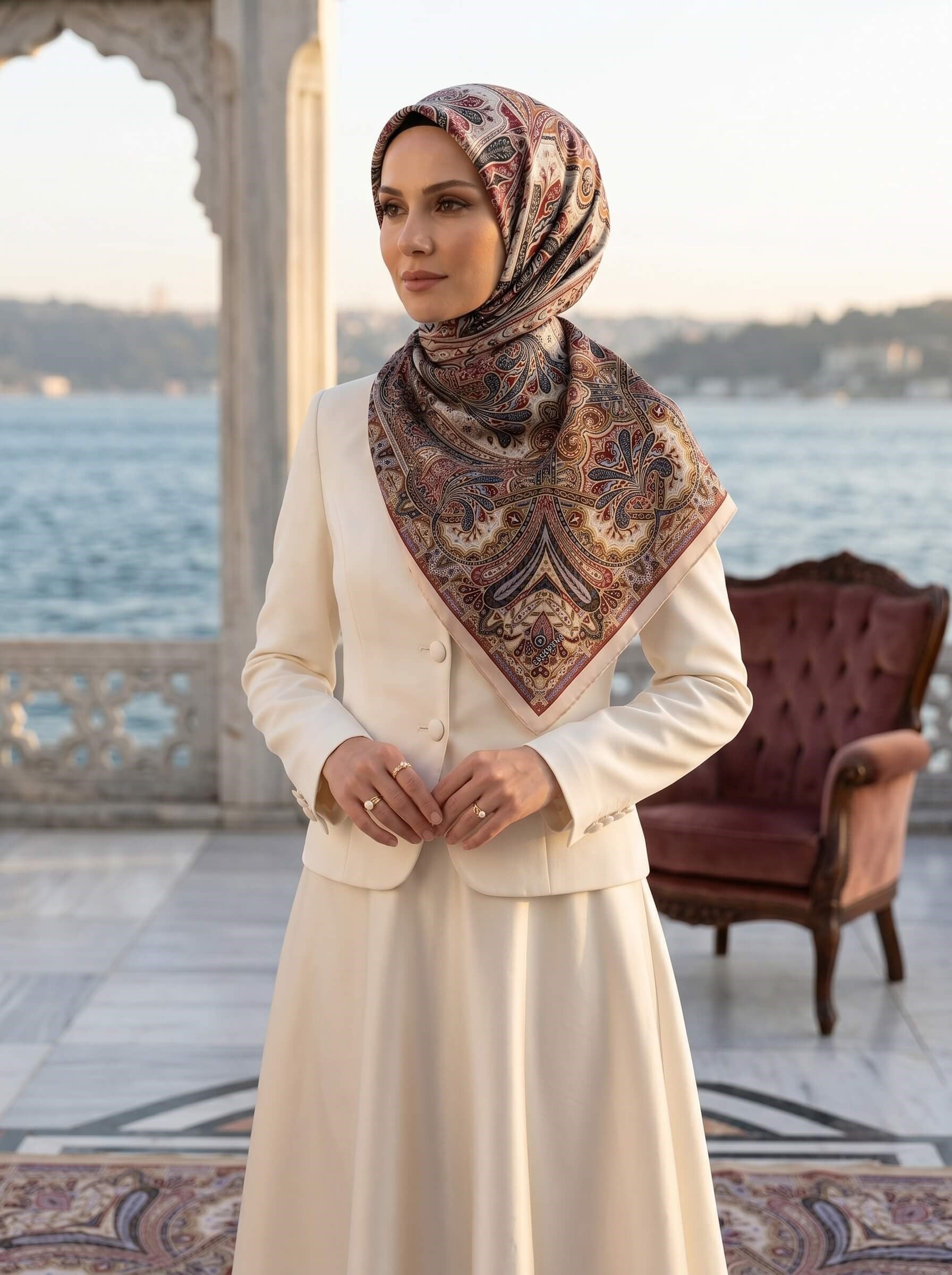 100% İpek Etro Desenli Taş - Bordo Renkli 92x210 Şal