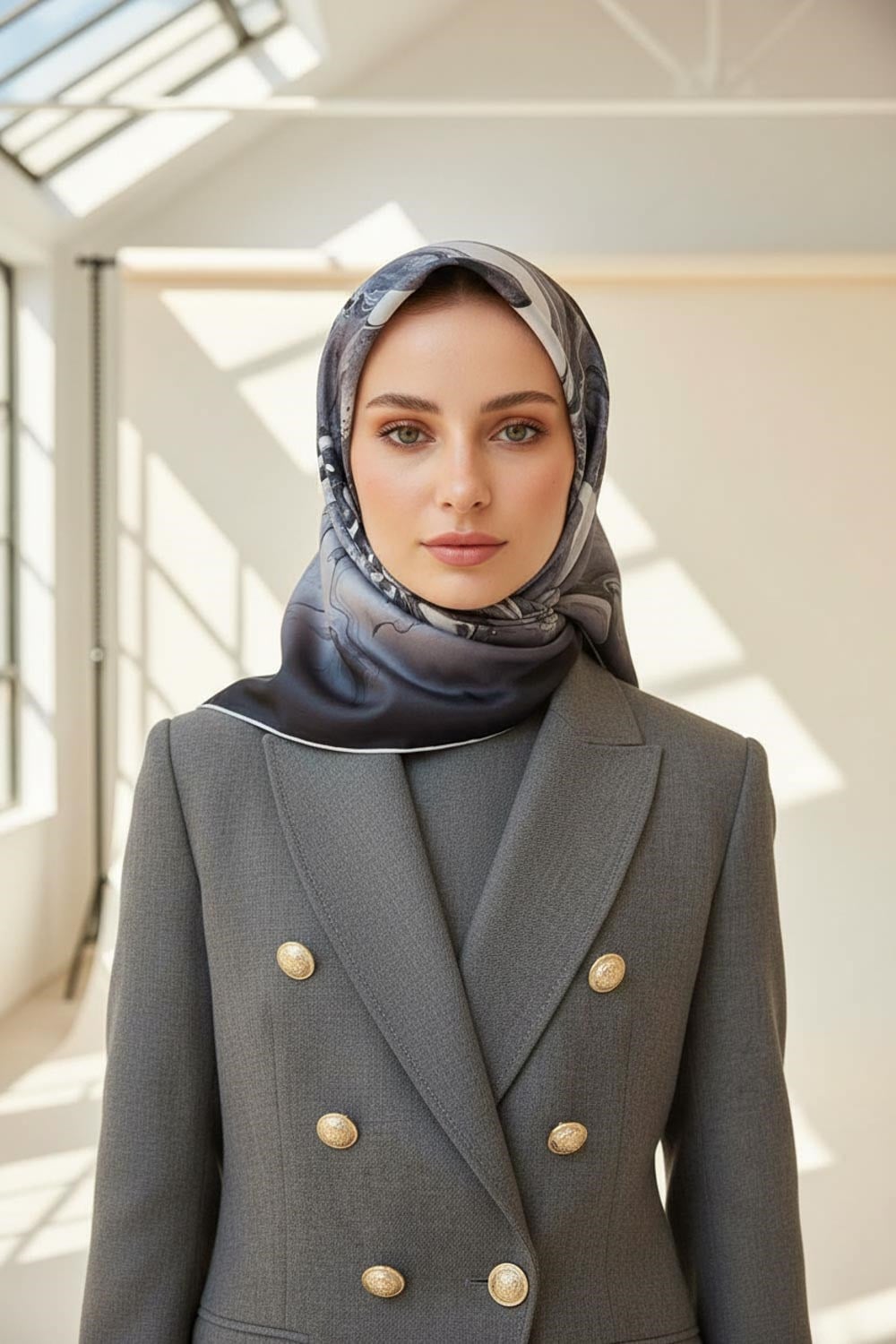 %100 Twill İpek Batik Çiçek Desenli Siyah - Gümüş Renkli 90x90 Eşarp Dikim Şekli : El Dikişi