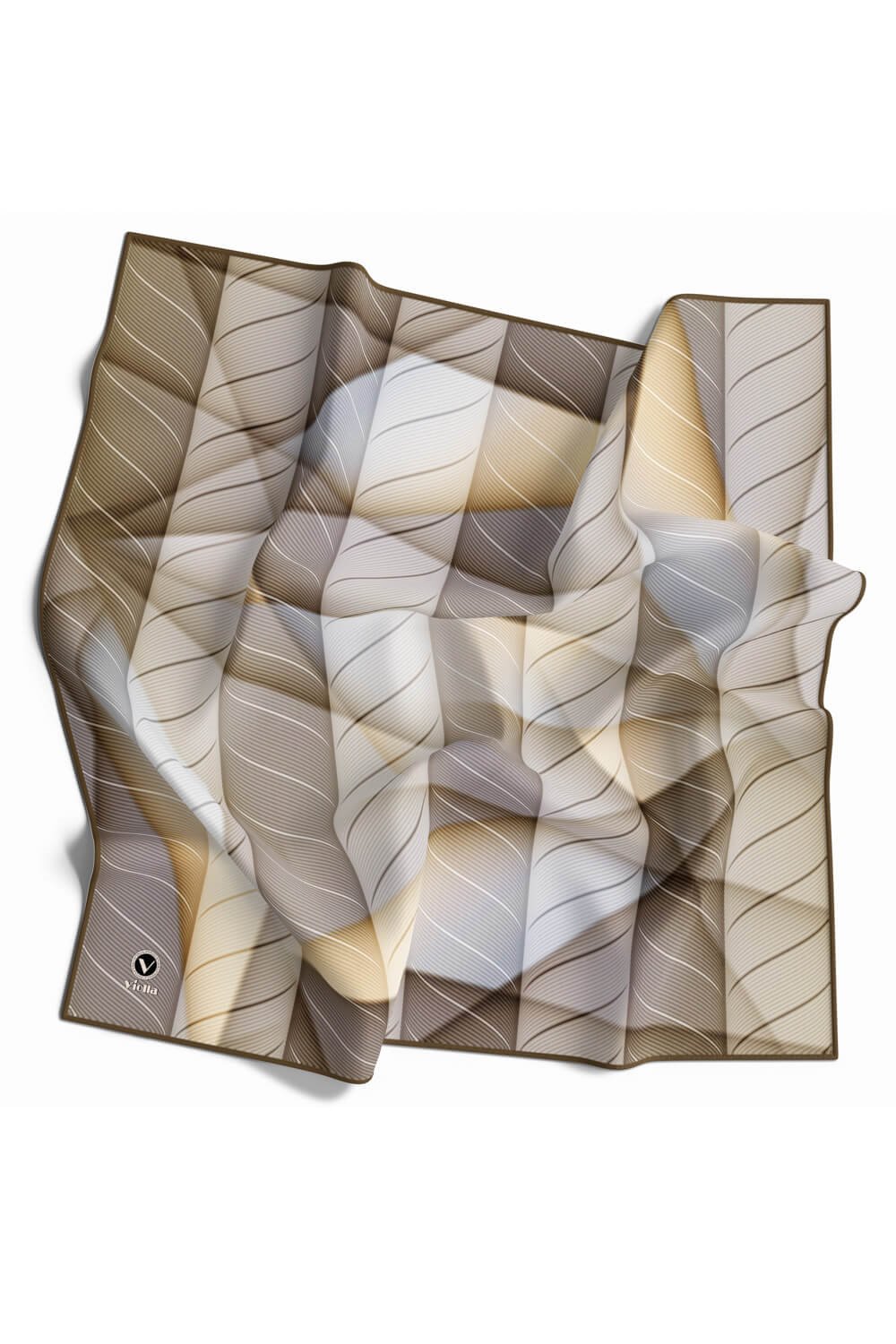 Twill Şeritli Geometrik Desenli Bej - Gri Renkli 90x90 Eşarp (İpek İçermez) Kenar Dikiş Şekli El Dikişli