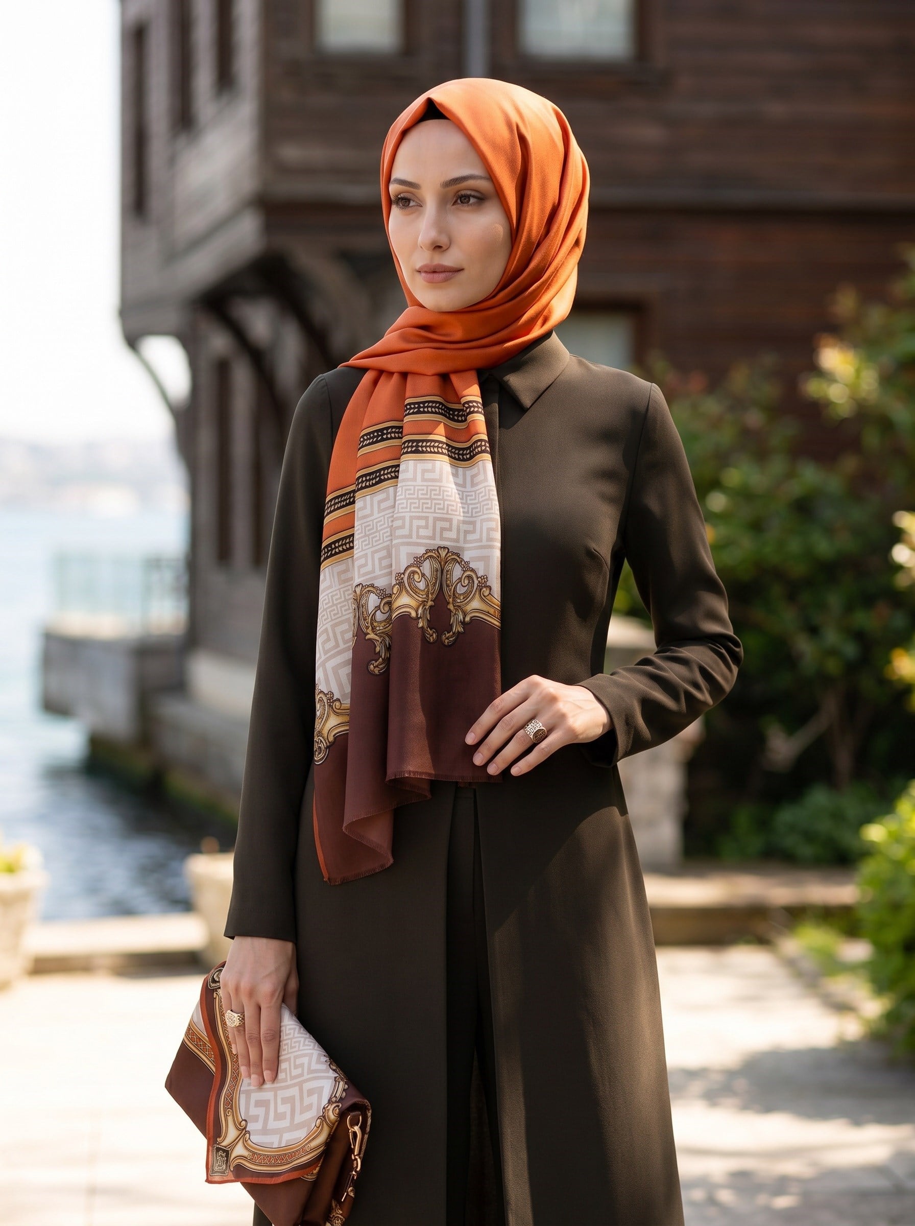 %100 Saf İpek Şal İnce Saten Vual Dokuma Barok Desenli 90x210 Şal