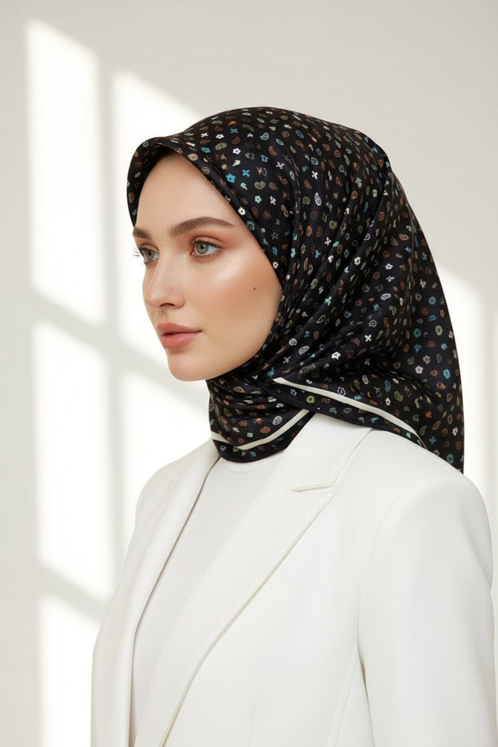 %100 Twill İpek Çıtır Desenli Siyah Renkli 90x90 Eşarp Dikim Şekli : El Dikişi