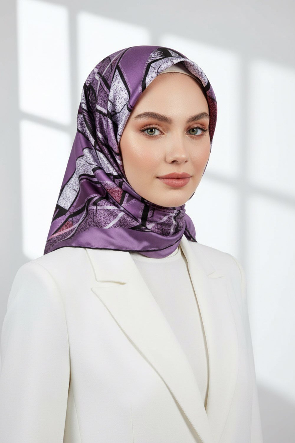 Kristal Geometrik Desenli Lila Renkli 90x90 Eşarp (İpek İçermez) Kenar Dikiş Şekli El Dikişli