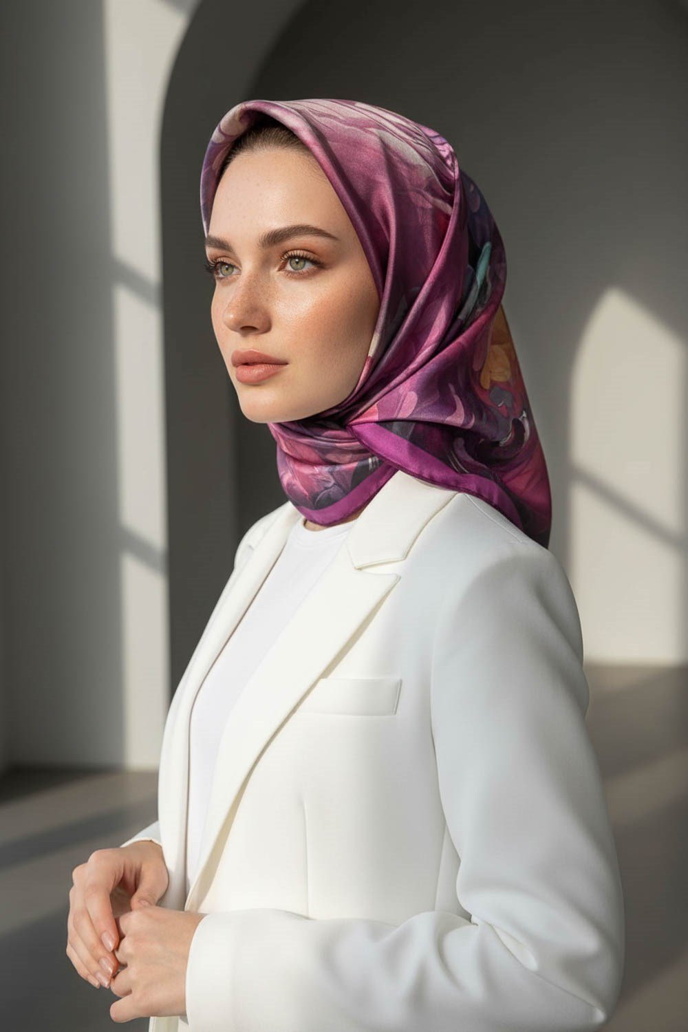 %100 Twill İpek Dumanlı Çiçek Desenli Mürdüm Renkli 90x90 Eşarp Kenar Dikiş Şekli El Dikişli