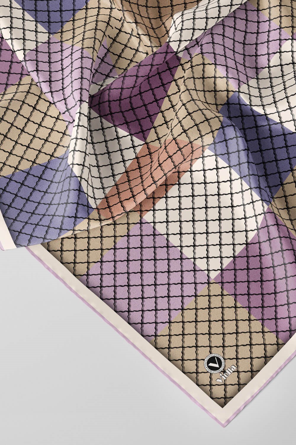 Twill Kare Desenli Lila Renkli 90x90 Eşarp (İpek İçermez) Kenar Dikiş Şekli El Dikişli