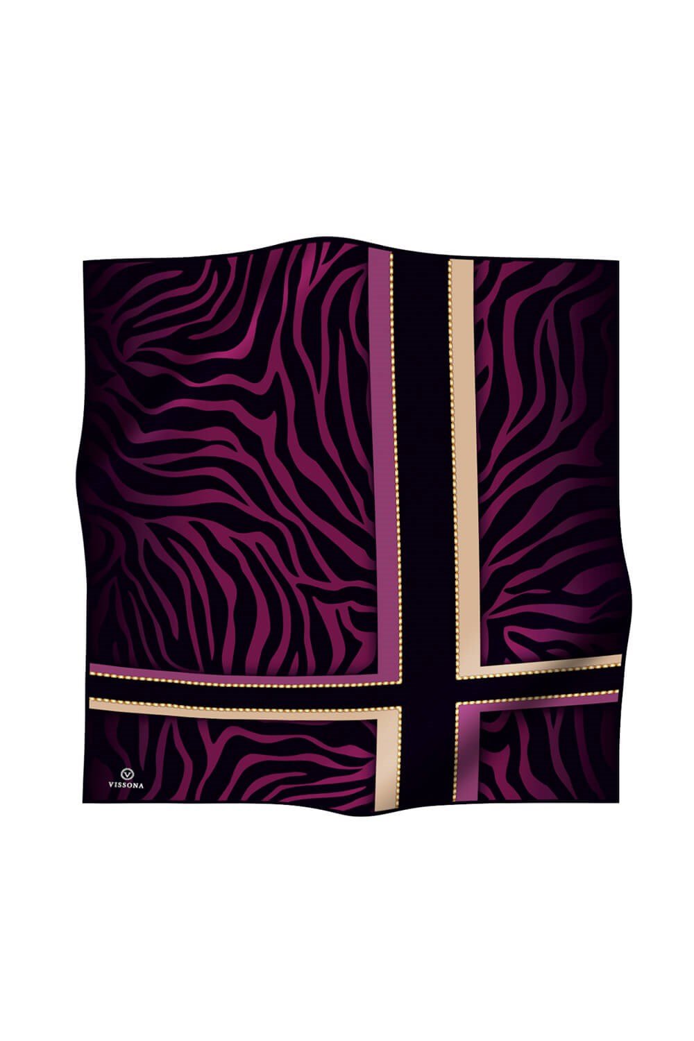 %100 Twill İpek Zebra Desenli Mürdüm - Bej Renkli 90x90 Eşarp Dikim Şekli : El Dikişi