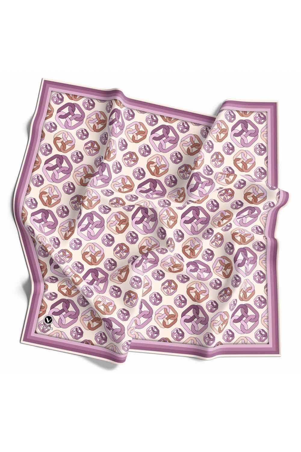 Kristal Zincir Motif Desenli Lila Renkli 90x90 Eşarp (İpek İçermez) Kenar Dikiş Şekli El Dikişli