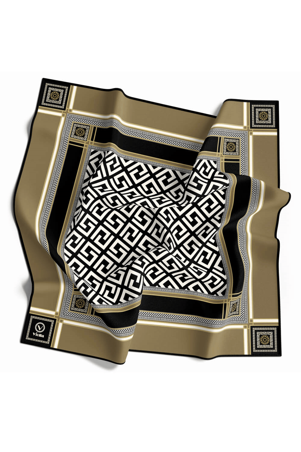 Twill Antik Desenli Bej Renkli 90x90 Eşarp (İpek İçermez) Kenar Dikiş Şekli El Dikişli