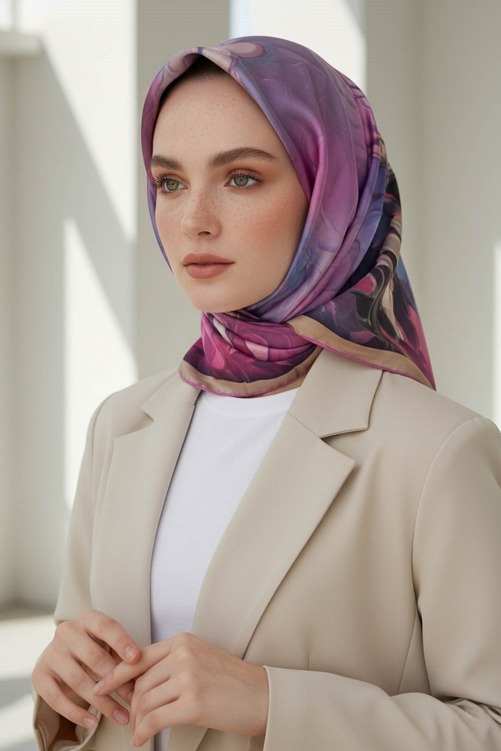 %100 Twill İpek Dumanlı Çiçek Desenli Pembe Renkli 90x90 Eşarp Kenar Dikiş Şekli El Dikişli