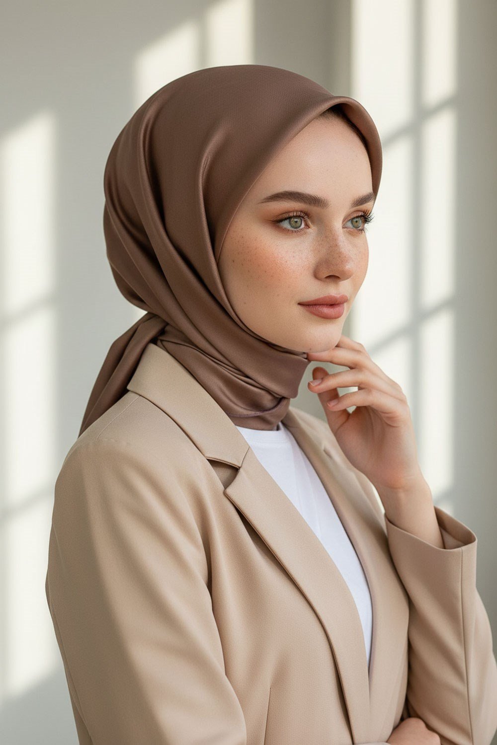 %100 Twill İpek Düz Bej Renkli Daha Tok Exclusive Serisi 90x90 Eşarp Dikim Şekli : El Dikişi
