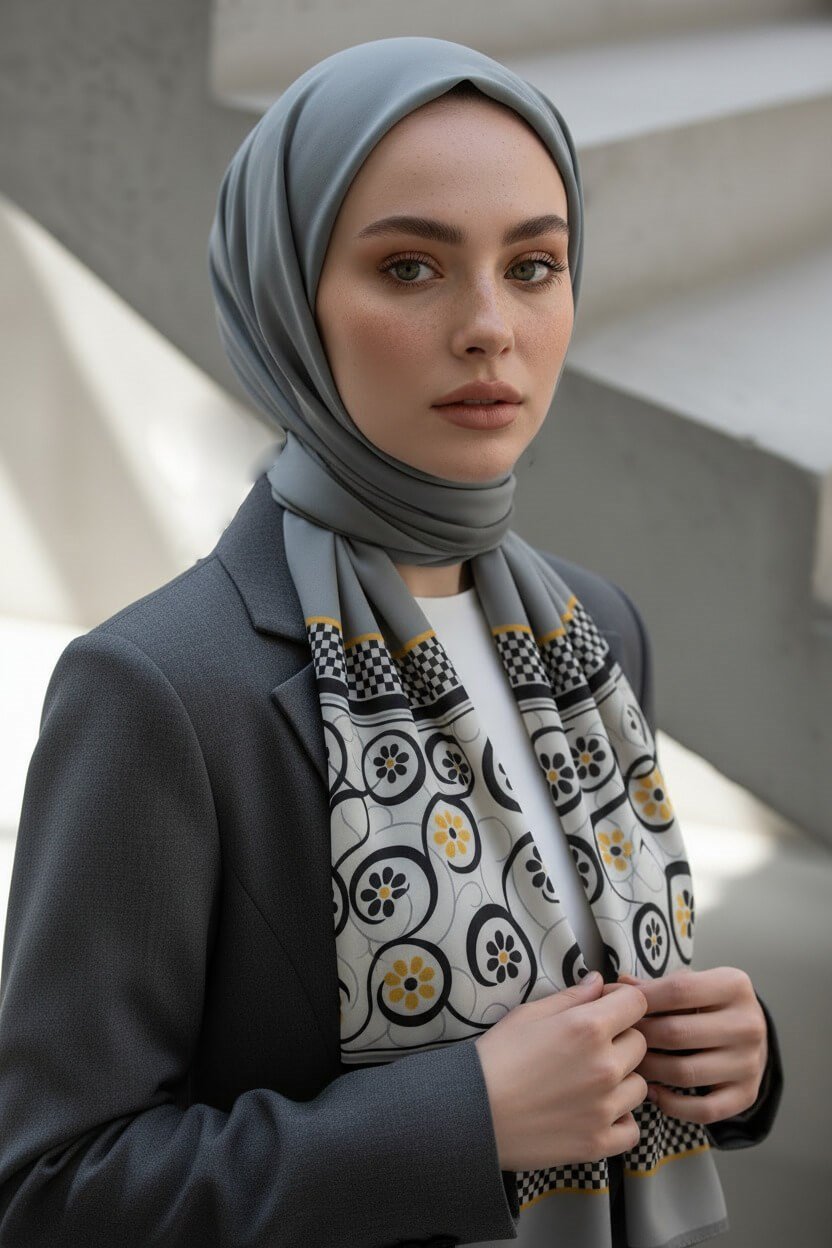 KREP KENAR MOTİFİ ÇİÇEK DESENLİ GÜMÜŞ RENKLİ 75X195 KIRIŞMAZ ŞAL