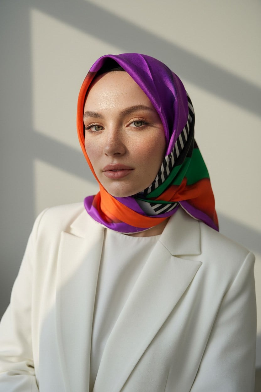 %100 Twill Renk Bloklu Çizgili Desenli Mor - Zümrüt Yeşili Renkli 90x90 Eşarp Dikim Şekli: El Dikişii